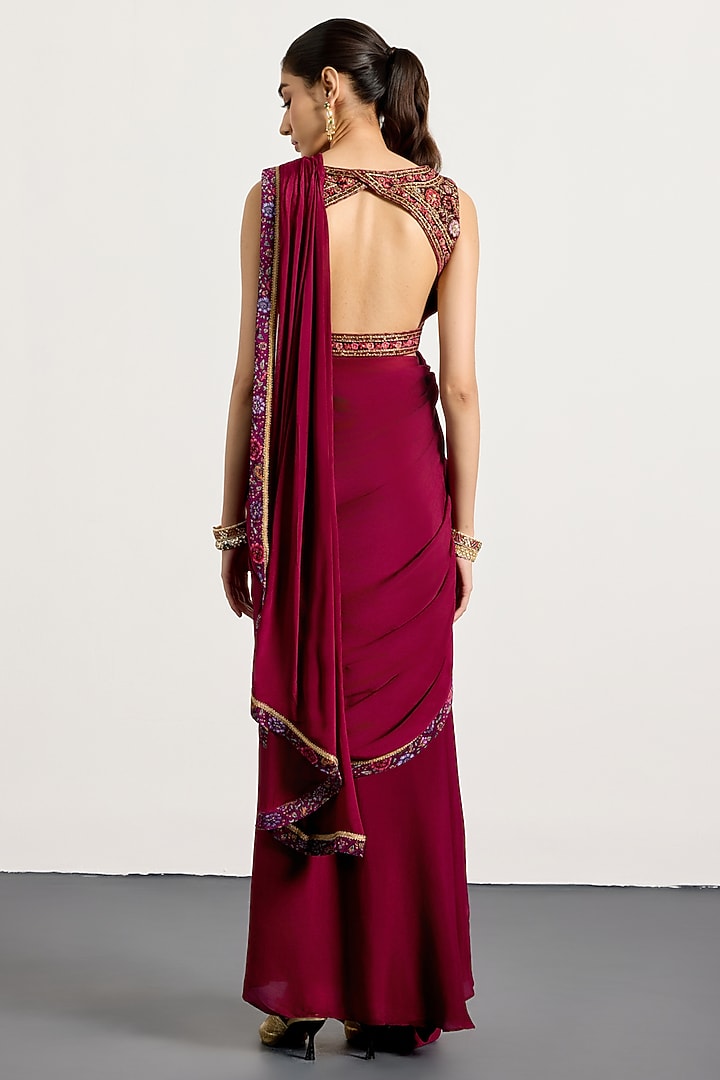 Prune-Colored Silk & Velvet Draped Wedding Saree Set by Ri Ritu Kumar at Pernia's Pop Up Shop