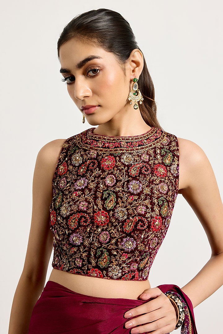 Prune-Colored Silk & Velvet Draped Wedding Saree Set by Ri Ritu Kumar at Pernia's Pop Up Shop