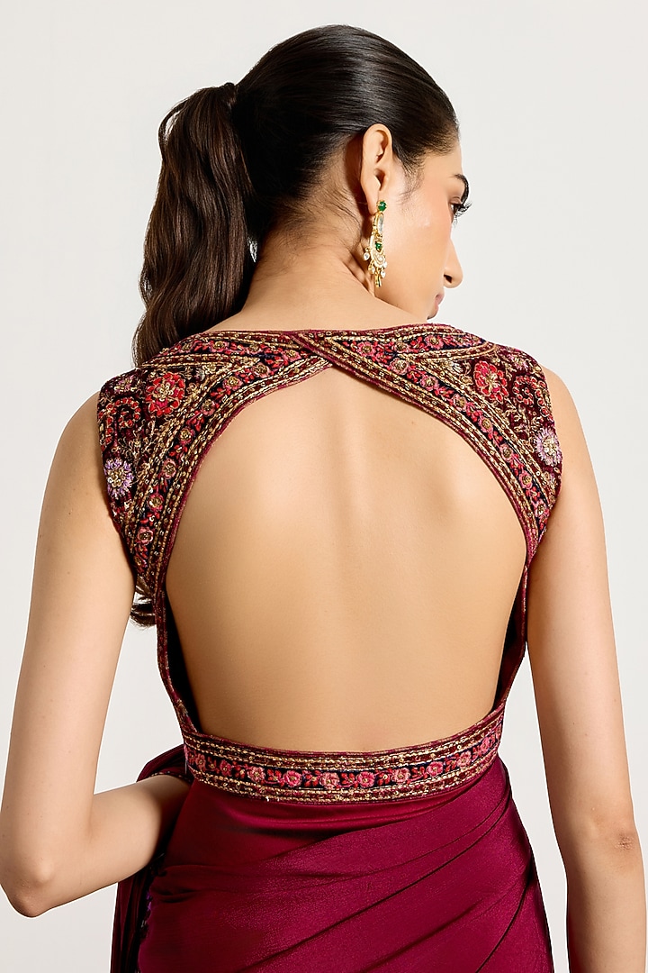 Prune-Colored Silk & Velvet Draped Wedding Saree Set by Ri Ritu Kumar at Pernia's Pop Up Shop