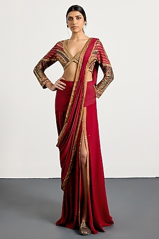 Prune-Colored Viscose & Chinon Draped Saree Set by Ri Ritu Kumar