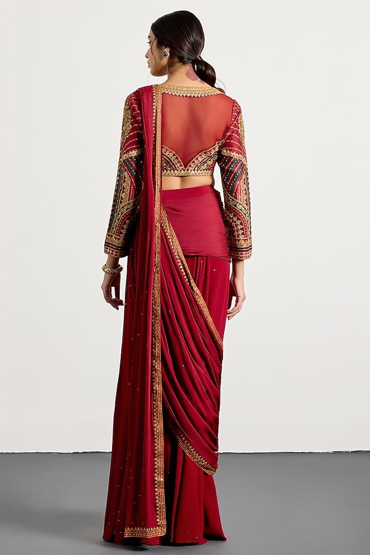 Prune-Colored Viscose & Chinon Draped Reception Saree Set by Ri Ritu Kumar at Pernia's Pop Up Shop