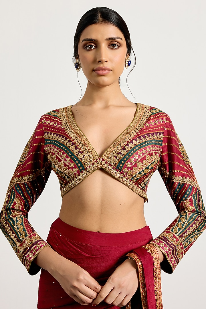 Prune-Colored Viscose & Chinon Draped Reception Saree Set by Ri Ritu Kumar at Pernia's Pop Up Shop