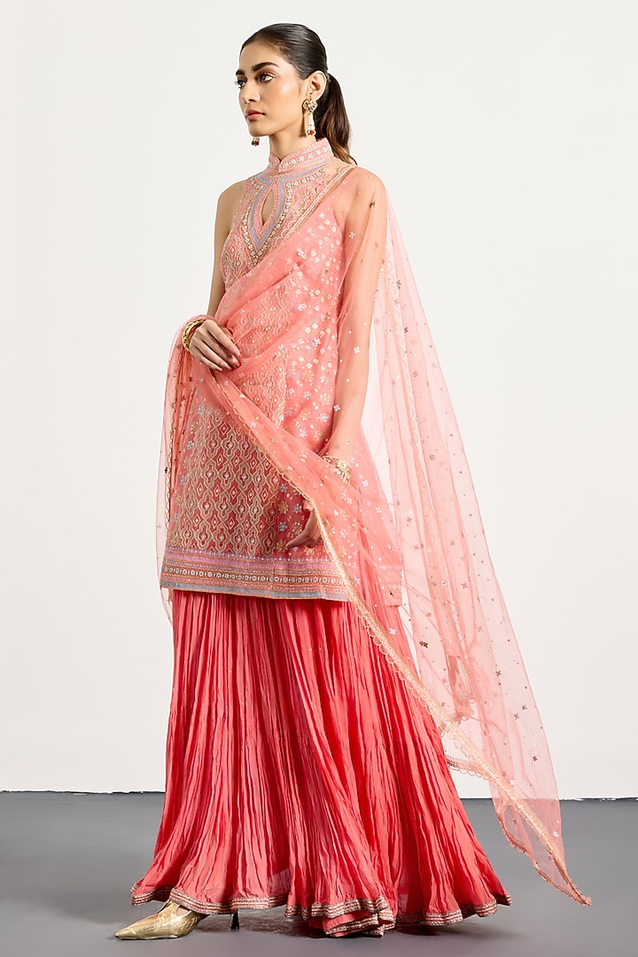 Coral Crush Tissue Skirt Set by Ri Ritu Kumar at Pernia's Pop Up Shop