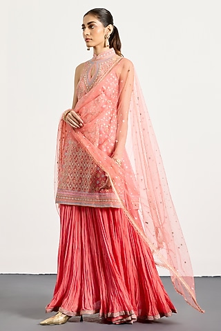 Coral Crush Tissue Skirt Set by Ri Ritu Kumar