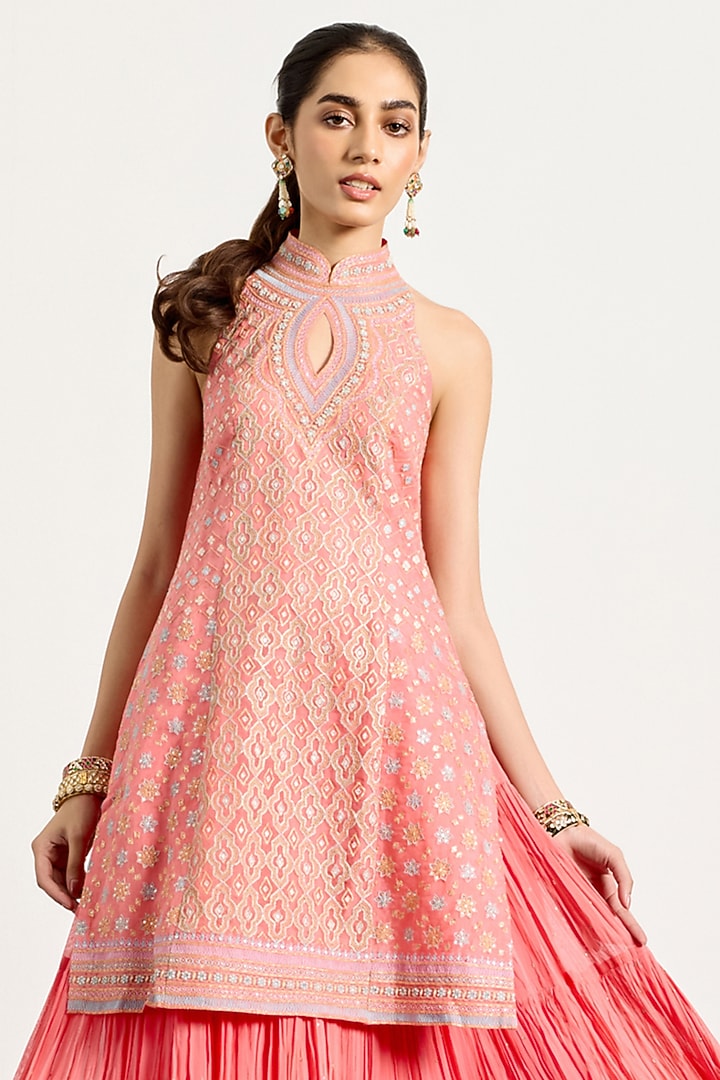 Coral Crush Tissue Skirt Set by Ri Ritu Kumar at Pernia's Pop Up Shop
