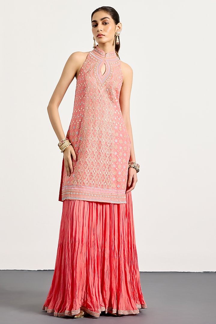 Coral Crush Tissue Skirt Set by Ri Ritu Kumar at Pernia's Pop Up Shop