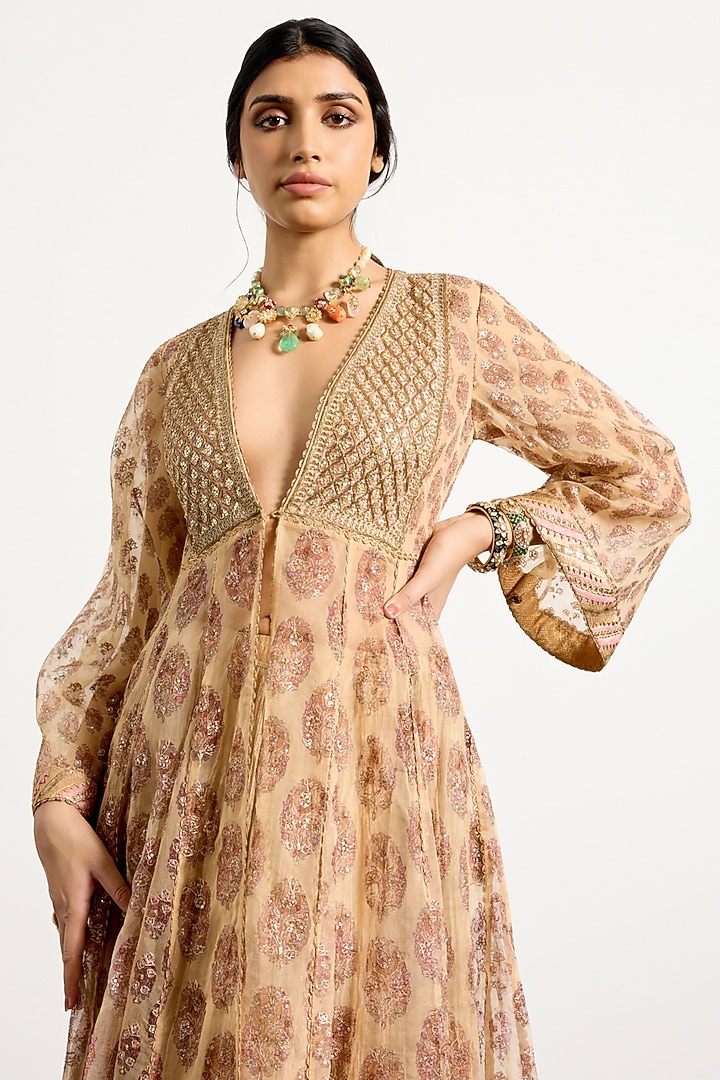 Beige & Pink Crush Tissue Skirt Set by Ri Ritu Kumar at Pernia's Pop Up Shop