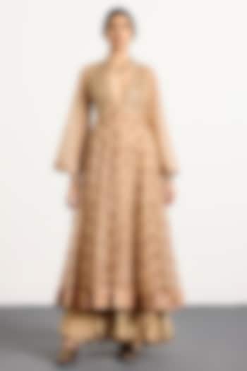 Beige & Pink Crush Tissue Skirt Set by Ri Ritu Kumar at Pernia's Pop Up Shop