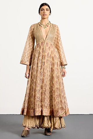 Beige & Pink Crush Tissue Skirt Set by Ri Ritu Kumar