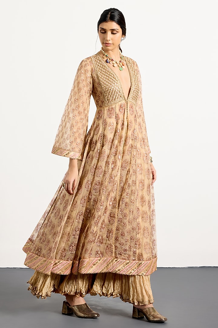 Beige & Pink Crush Tissue Skirt Set by Ri Ritu Kumar at Pernia's Pop Up Shop