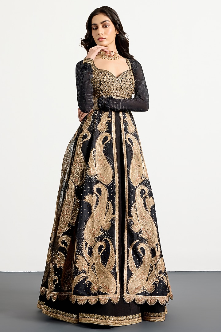 Black & Beige Dupion Paisley Printed Skirt Set by Ri Ritu Kumar at Pernia's Pop Up Shop