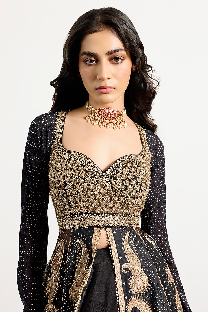 Black & Beige Dupion Paisley Printed Skirt Set by Ri Ritu Kumar at Pernia's Pop Up Shop