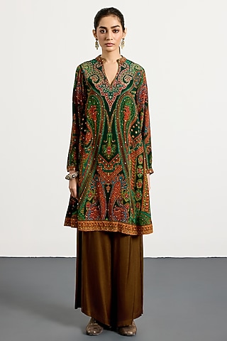 Emerald Green & Burgundy Rayon Crepe Kurta by Ri Ritu Kumar