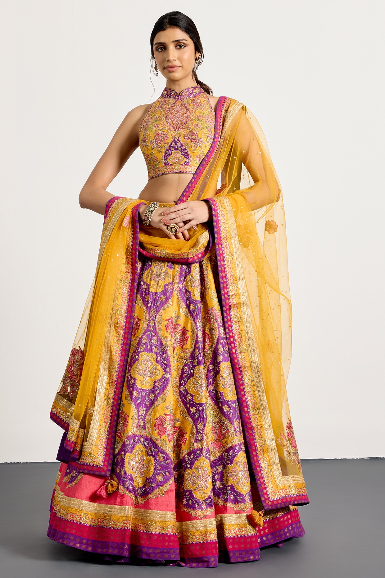Ri Ritu Kumar Yellow & Purple Polyester Lehenga Set
