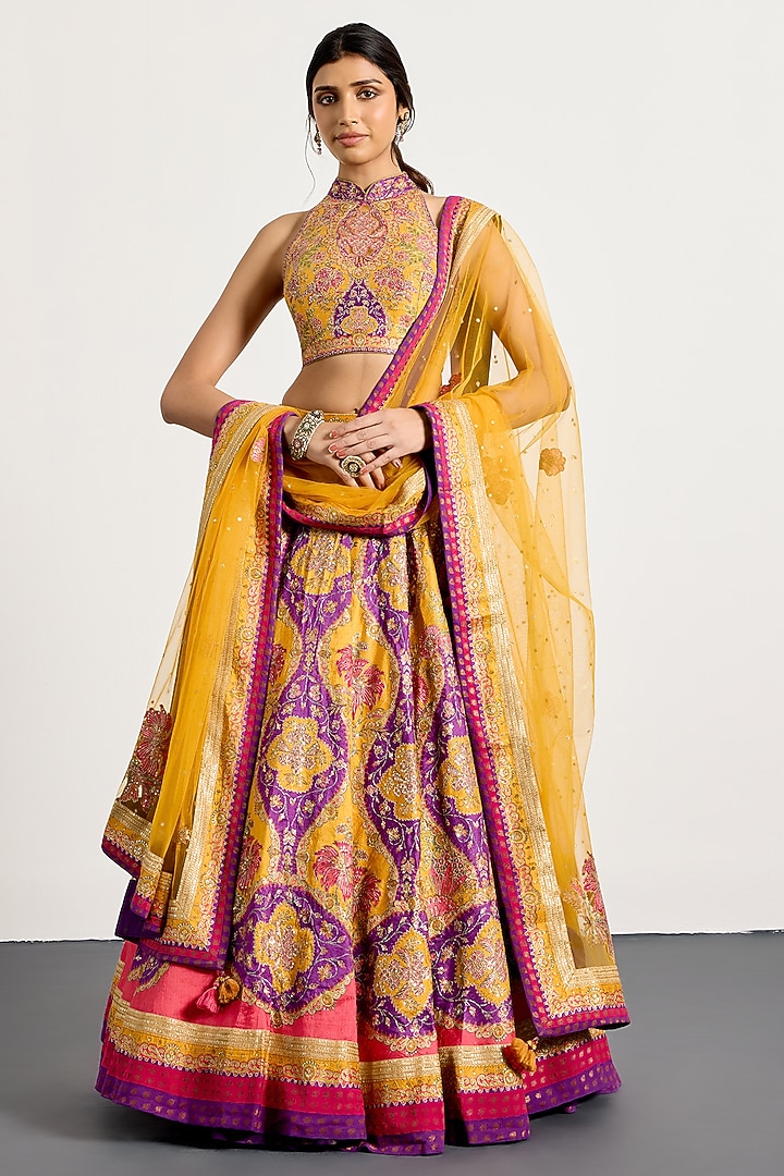 Yellow & Purple Polyester Bridal Lehenga Set by Ri Ritu Kumar at Pernia's Pop Up Shop