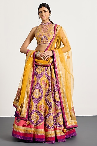 Yellow & Purple Polyester Lehenga Set by Ri Ritu Kumar