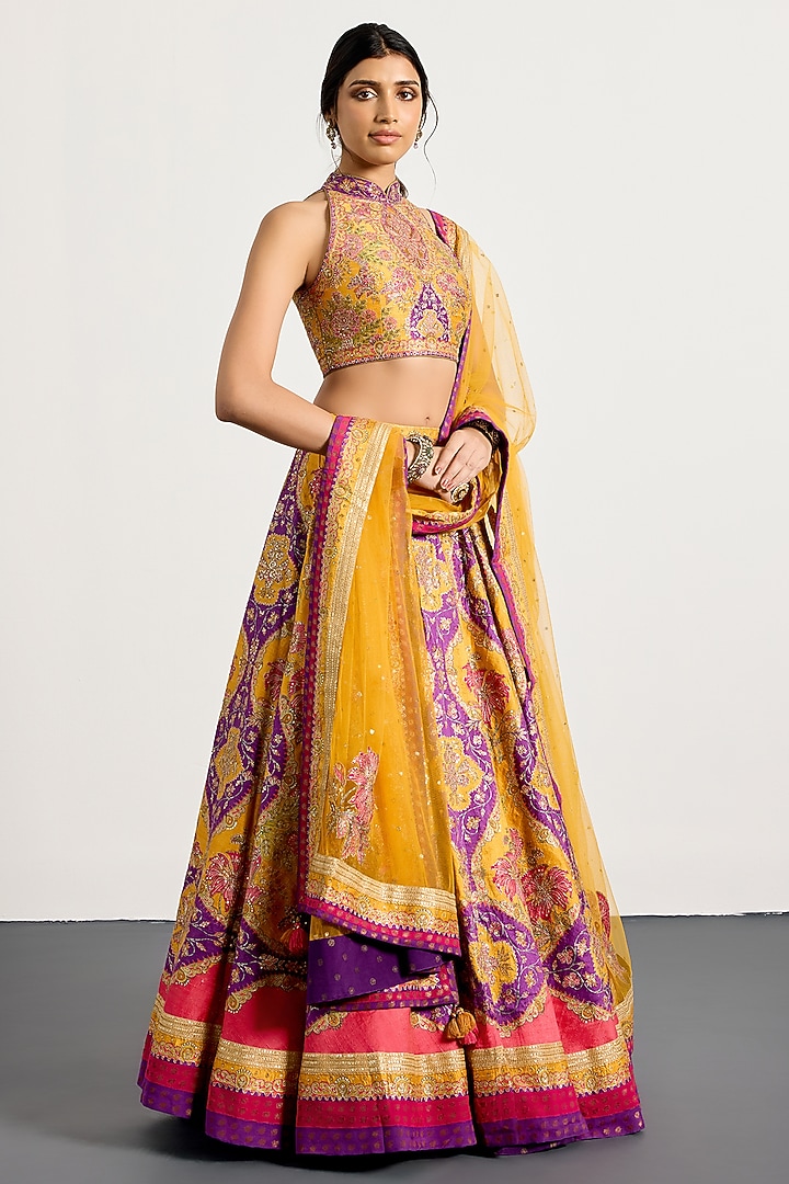 Yellow & Purple Polyester Bridal Lehenga Set by Ri Ritu Kumar at Pernia's Pop Up Shop