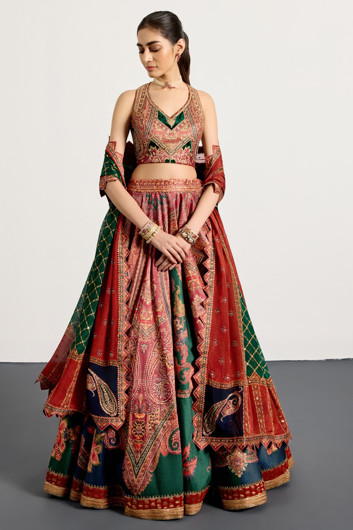 Ri Ritu Kumar Burgundy & Bottle Green Polyester Lehenga Set