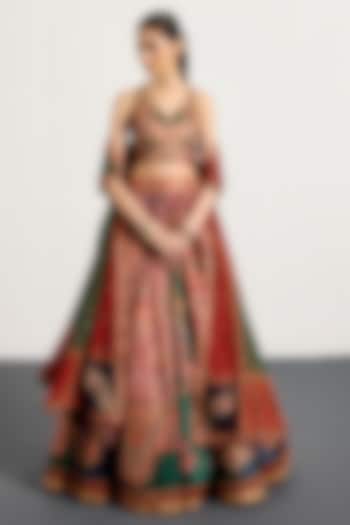 Burgundy & Bottle Green Polyester Wedding Lehenga Set by Ri Ritu Kumar at Pernia's Pop Up Shop