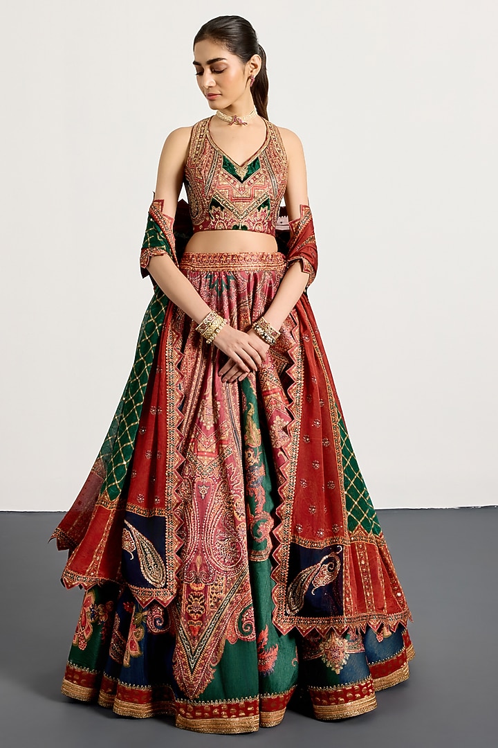 Burgundy & Bottle Green Polyester Wedding Lehenga Set by Ri Ritu Kumar at Pernia's Pop Up Shop