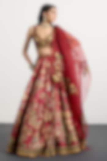 Burgundy & Beige Polyester Floral Printed Wedding Lehenga Set by Ri Ritu Kumar at Pernia's Pop Up Shop