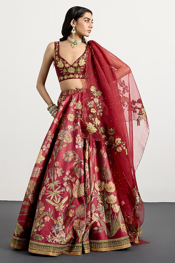 Burgundy & Beige Polyester Floral Printed Wedding Lehenga Set by Ri Ritu Kumar at Pernia's Pop Up Shop
