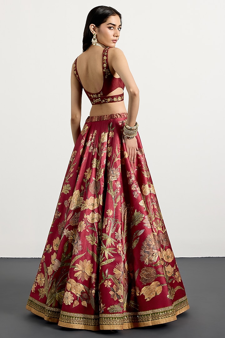Burgundy & Beige Polyester Floral Printed Wedding Lehenga Set by Ri Ritu Kumar at Pernia's Pop Up Shop