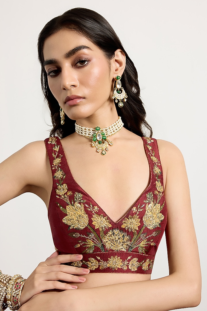 Burgundy & Beige Polyester Floral Printed Wedding Lehenga Set by Ri Ritu Kumar at Pernia's Pop Up Shop