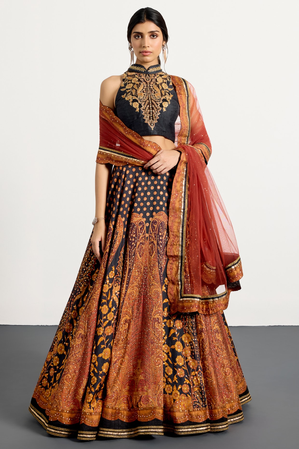 Ri Ritu Kumar Black & Rust Polyester Lehenga Set