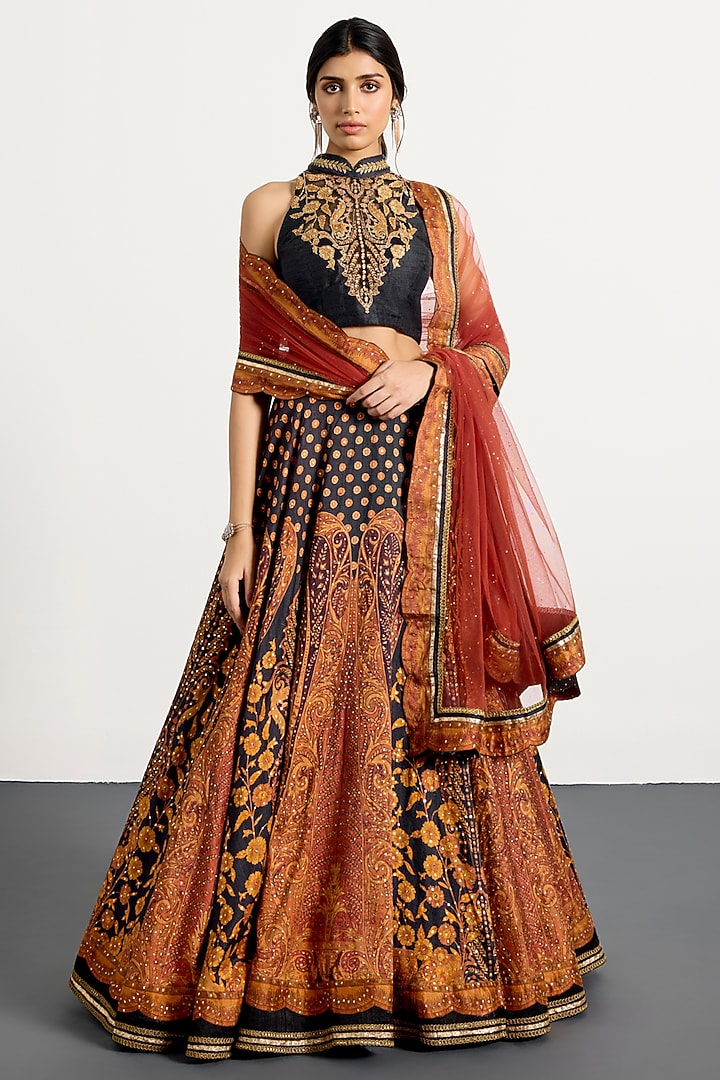 Black & Rust Polyester Wedding Lehenga Set by Ri Ritu Kumar at Pernia's Pop Up Shop