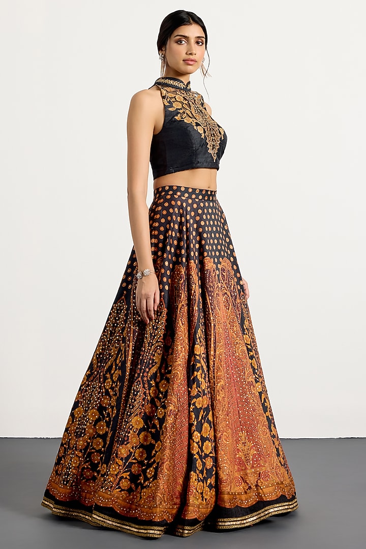 Black & Rust Polyester Wedding Lehenga Set by Ri Ritu Kumar at Pernia's Pop Up Shop