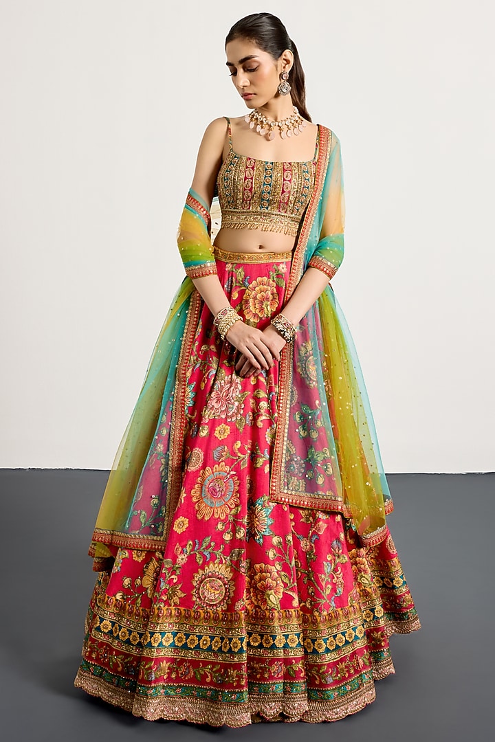 Fuchsia Polyester Printed & Embroidered Wedding Lehenga Set by Ri Ritu Kumar at Pernia's Pop Up Shop