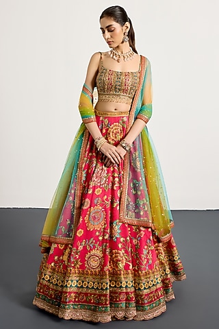 Fuchsia Polyester Printed & Embroidered Lehenga Set by Ri Ritu Kumar
