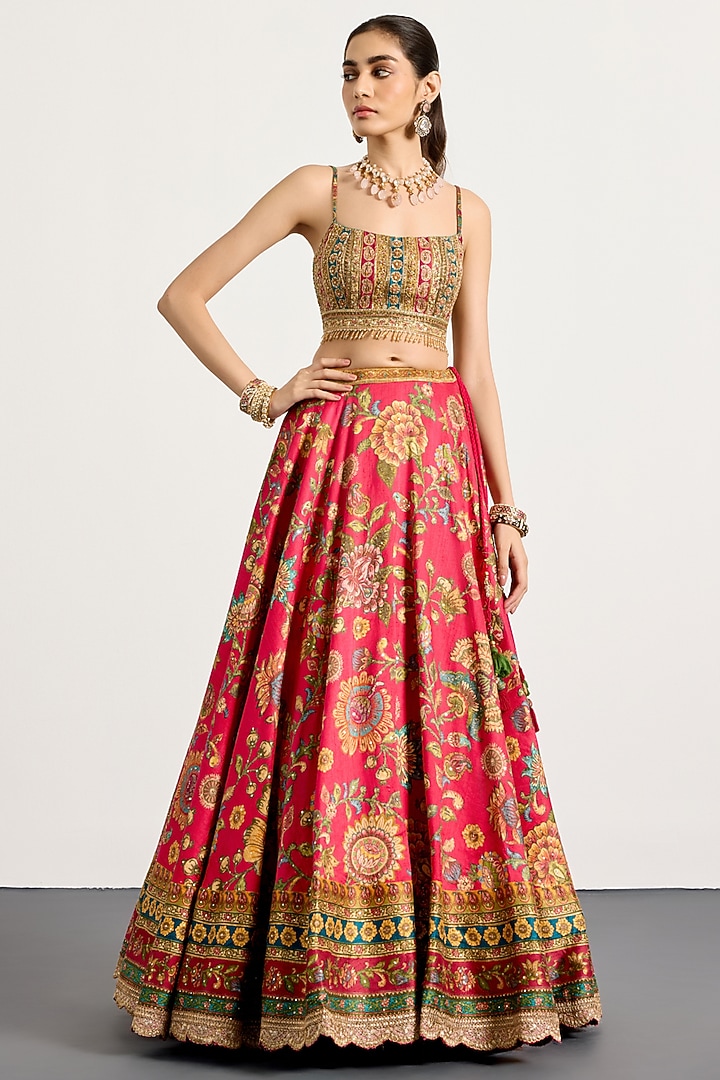Fuchsia Polyester Printed & Embroidered Wedding Lehenga Set by Ri Ritu Kumar at Pernia's Pop Up Shop