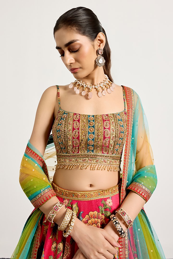 Fuchsia Polyester Printed & Embroidered Wedding Lehenga Set by Ri Ritu Kumar at Pernia's Pop Up Shop