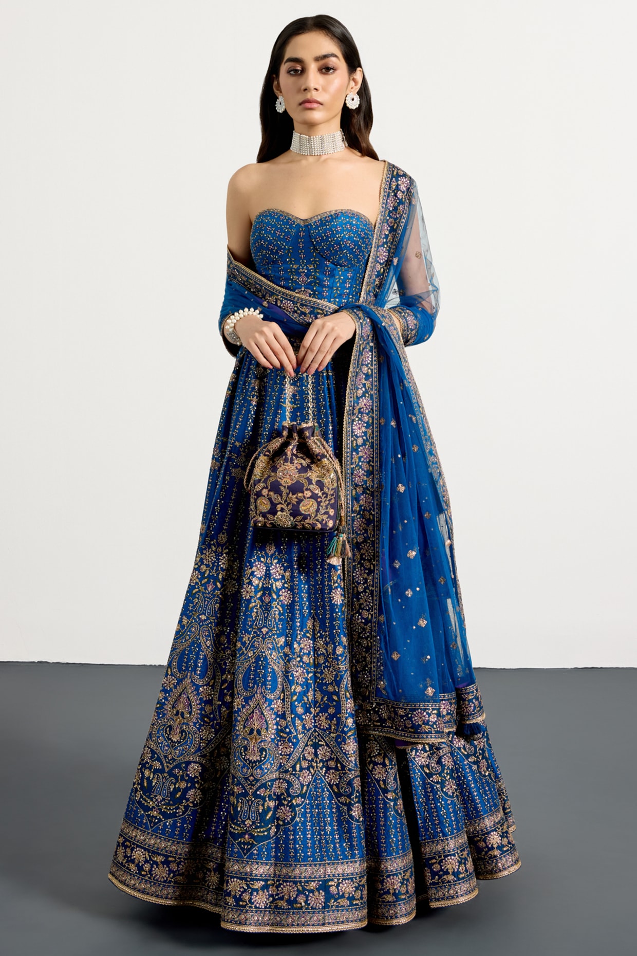 Ri Ritu Kumar Royal Blue Silk Floral Printed & Hand Embroidered Lehenga Set