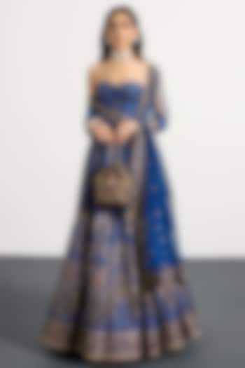 Royal Blue Silk Floral Printed & Hand Embroidered Bridal Lehenga Set by Ri Ritu Kumar at Pernia's Pop Up Shop