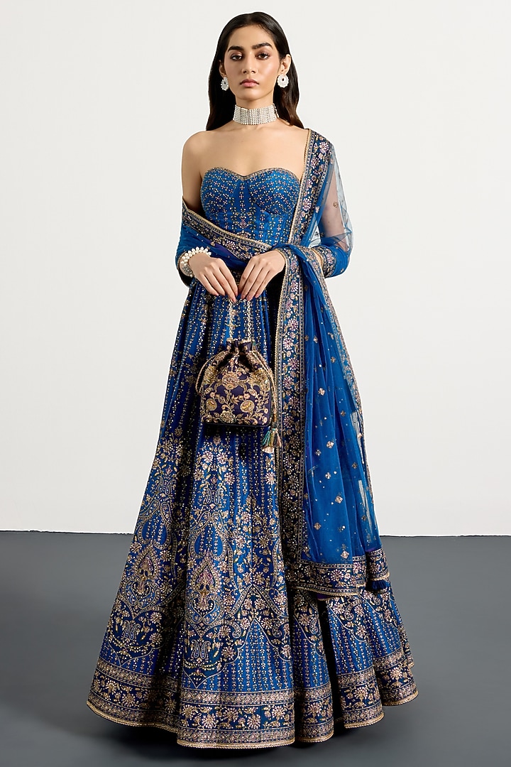 Royal Blue Silk Floral Printed & Hand Embroidered Bridal Lehenga Set by Ri Ritu Kumar at Pernia's Pop Up Shop