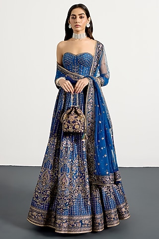 Royal Blue Silk Floral Printed & Hand Embroidered Lehenga Set by Ri Ritu Kumar