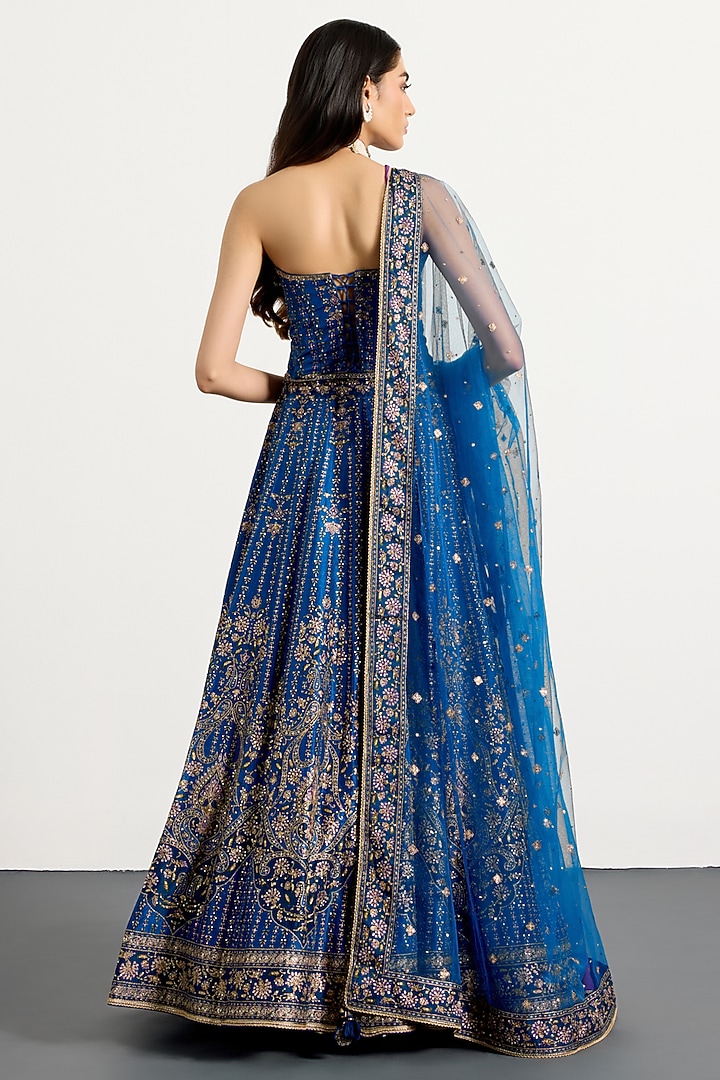 Royal Blue Silk Floral Printed & Hand Embroidered Bridal Lehenga Set by Ri Ritu Kumar at Pernia's Pop Up Shop