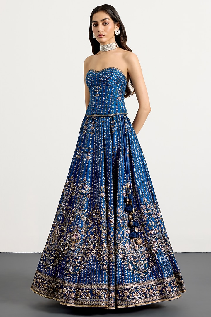 Royal Blue Silk Floral Printed & Hand Embroidered Bridal Lehenga Set by Ri Ritu Kumar at Pernia's Pop Up Shop