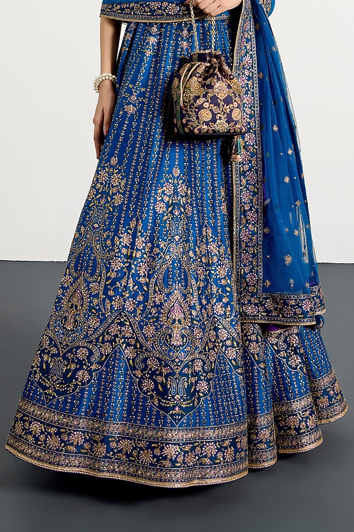 Royal Blue Silk Floral Printed & Hand Embroidered Bridal Lehenga Set by Ri Ritu Kumar at Pernia's Pop Up Shop