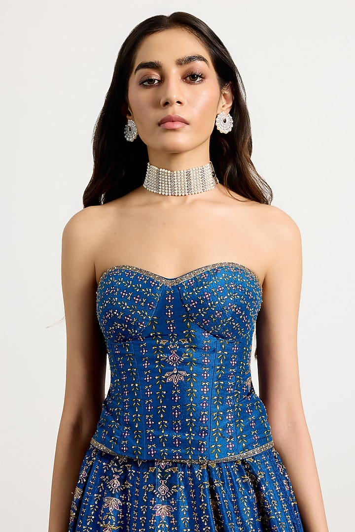 Royal Blue Silk Floral Printed & Hand Embroidered Bridal Lehenga Set by Ri Ritu Kumar at Pernia's Pop Up Shop