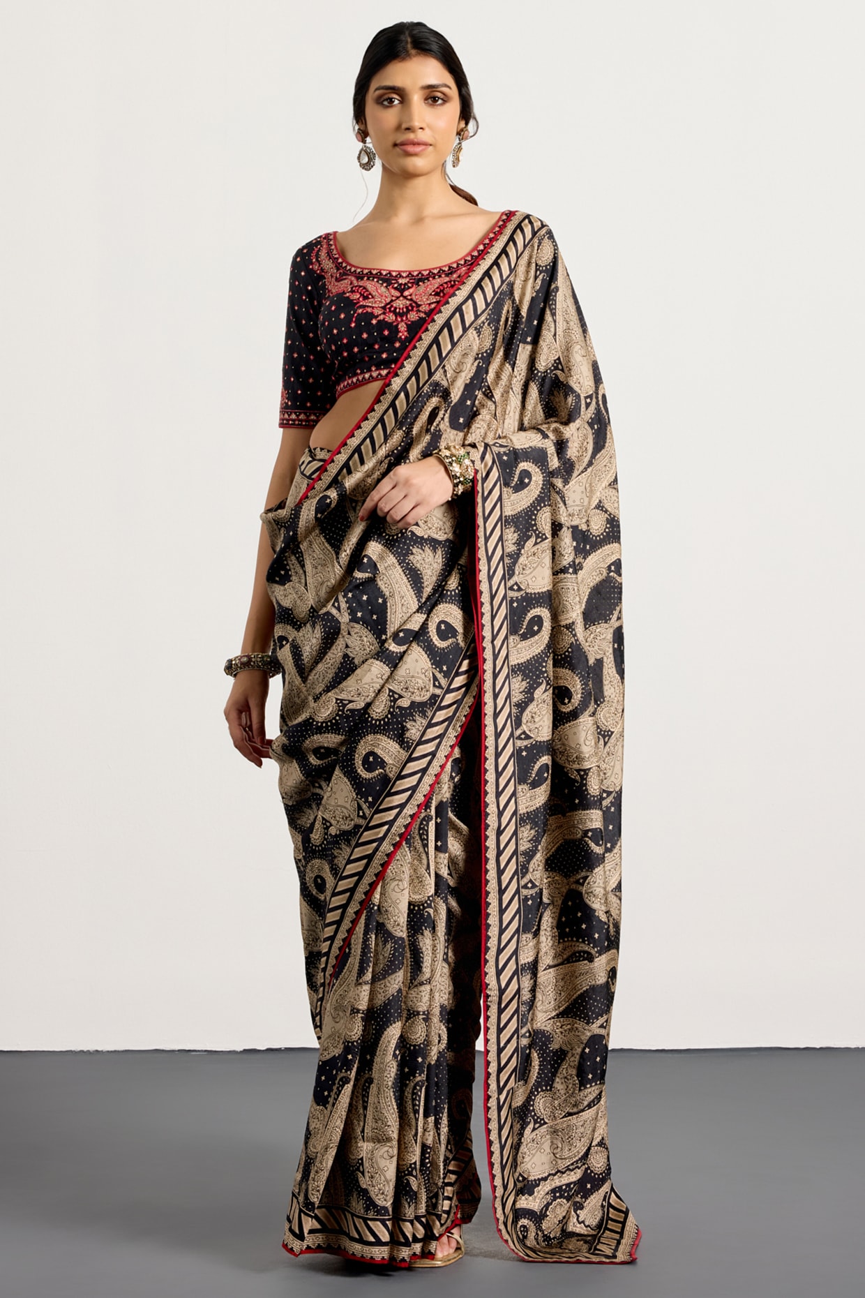 Ri Ritu Kumar Black & Beige Silk Paisley Printed Saree Set