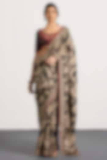 Black & Beige Silk Paisley Printed Wedding Saree Set by Ri Ritu Kumar at Pernia's Pop Up Shop