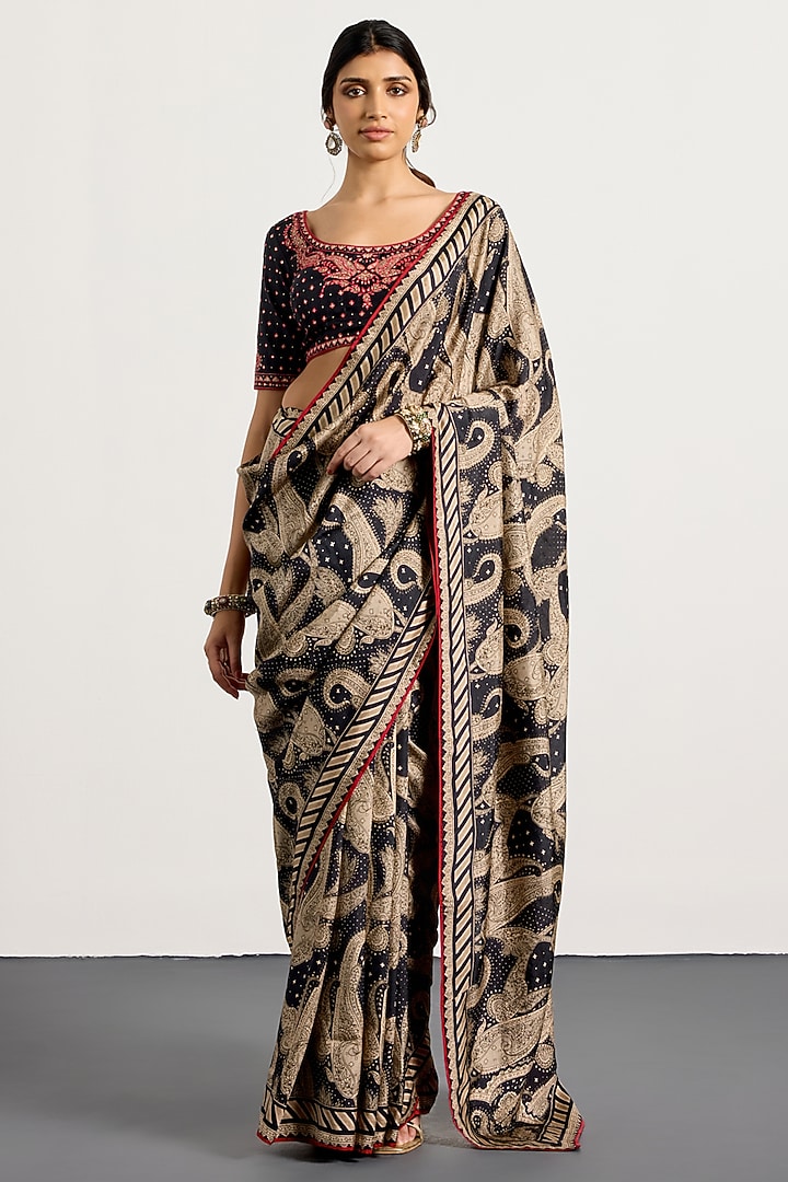 Black & Beige Silk Paisley Printed Wedding Saree Set by Ri Ritu Kumar at Pernia's Pop Up Shop