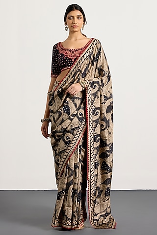 Black & Beige Silk Paisley Printed Saree Set by Ri Ritu Kumar