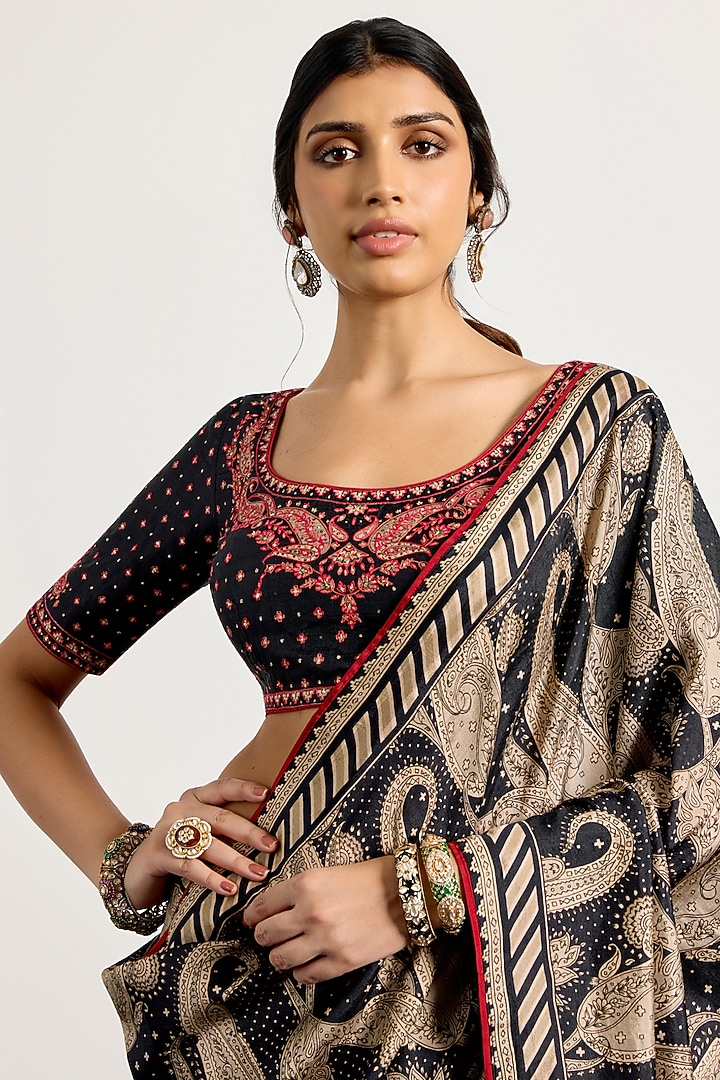 Black & Beige Silk Paisley Printed Wedding Saree Set by Ri Ritu Kumar at Pernia's Pop Up Shop