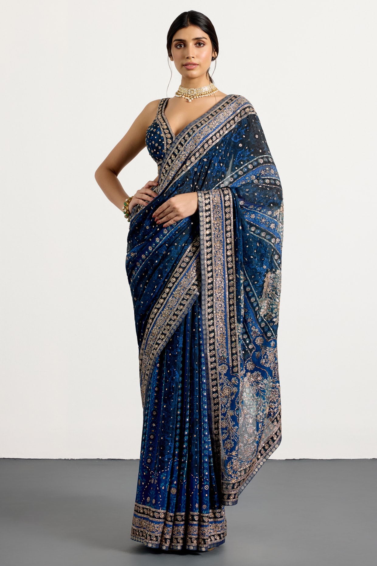 Ri Ritu Kumar Midnight Blue Silk Printed & Hand Embroidered Saree Set