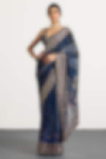 Midnight Blue Silk Printed & Hand Embroidered Bridal Saree Set by Ri Ritu Kumar at Pernia's Pop Up Shop
